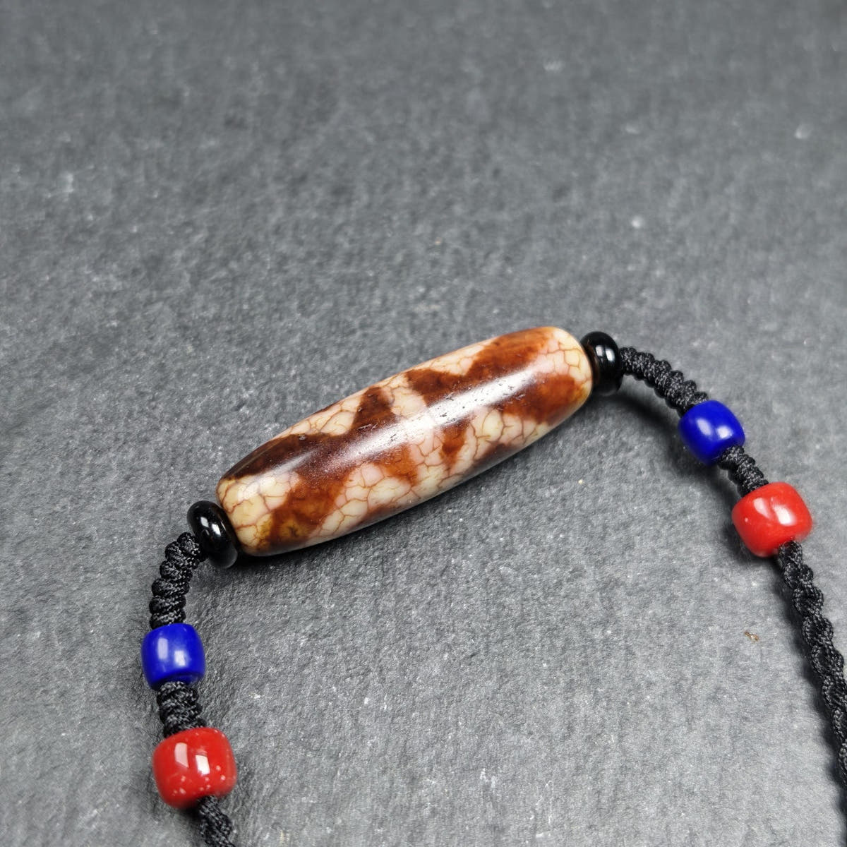 Vintage Fire Agate Vajra Dzi Necklace - Tibetan Buddhist bead necklace, close-up detail