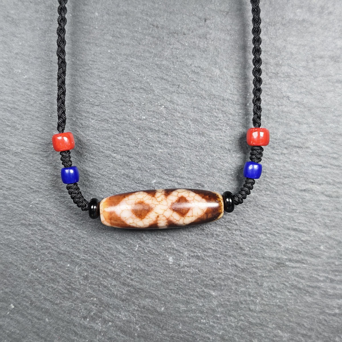 Vintage Fire Agate Vajra Dzi Necklace - Tibetan Buddhist bead necklace, view 6