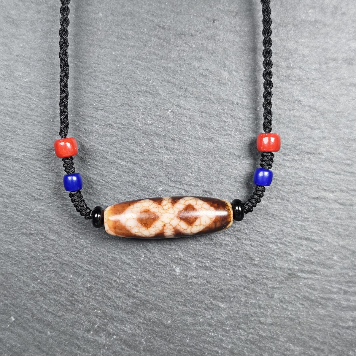 Vintage Fire Agate Vajra Dzi Necklace - Tibetan Buddhist bead necklace, view 6