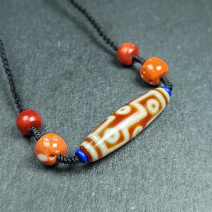 Vintage Tibetan 9 Eye Dzi Bead Necklace - Tibetan Buddhist bead necklace, front view