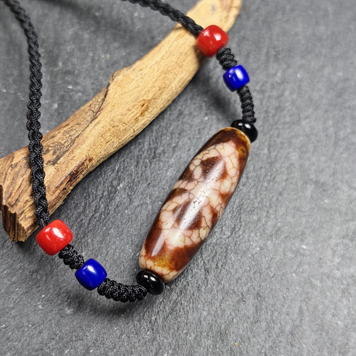 Vintage Fire Agate Vajra Dzi Necklace - Tibetan Buddhist bead necklace, view 8