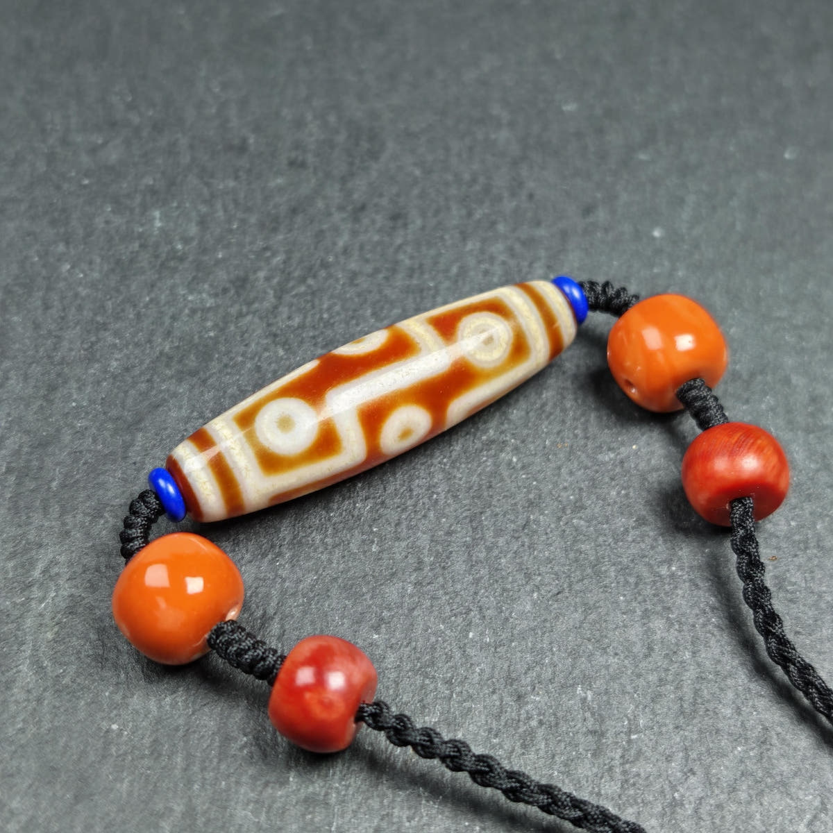 Vintage Tibetan 9 Eye Dzi Bead Necklace - Tibetan Buddhist bead necklace, detailed view