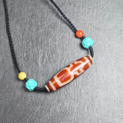 Authentic Fire Agate God of Wealth Dzi Necklace - Tibetan Buddhist bead necklace, front view