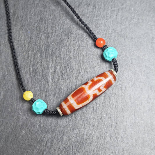 Authentic Fire Agate God of Wealth Dzi Necklace - Tibetan Buddhist bead necklace, front view