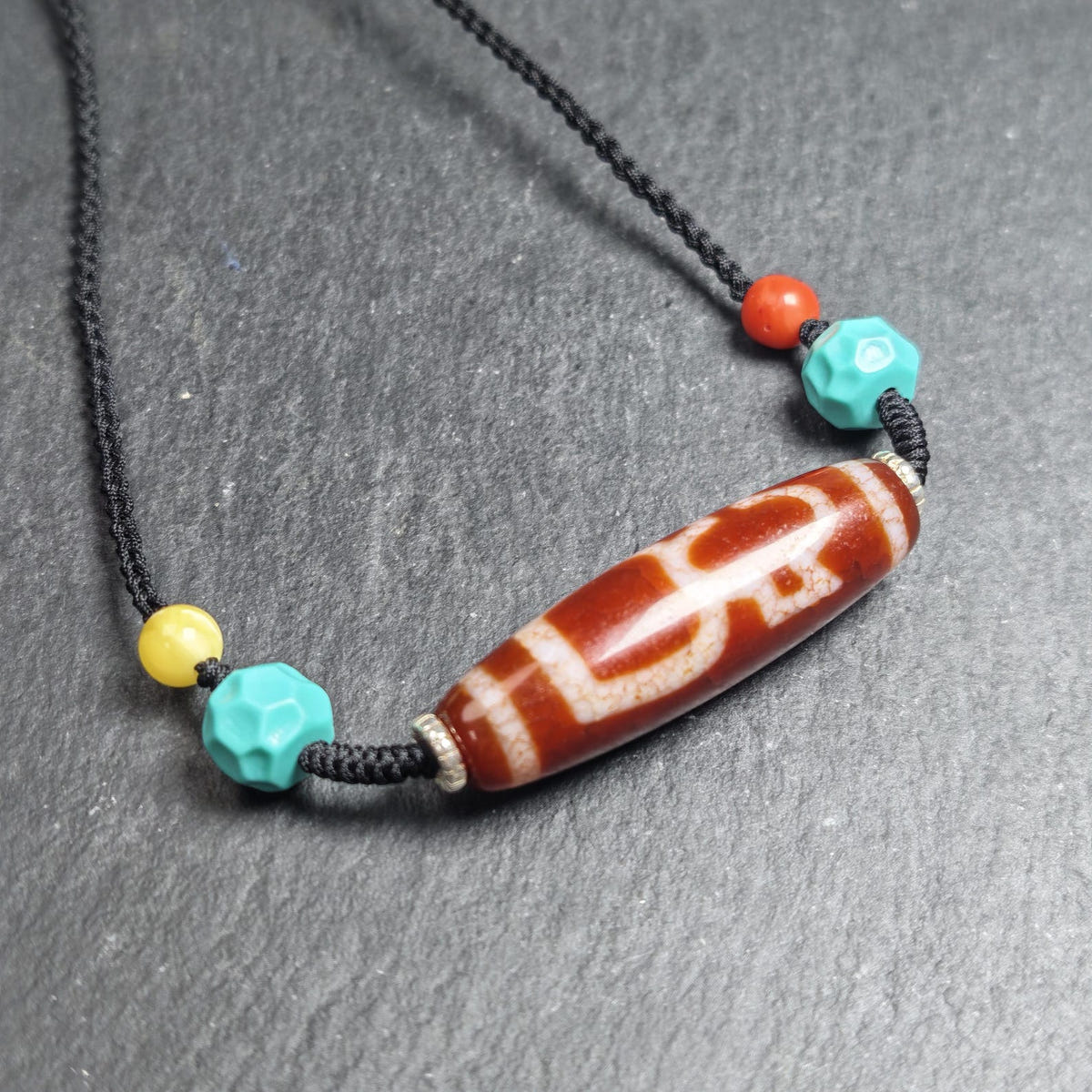 Authentic Fire Agate God of Wealth Dzi Necklace - Tibetan Buddhist bead necklace, detailed view