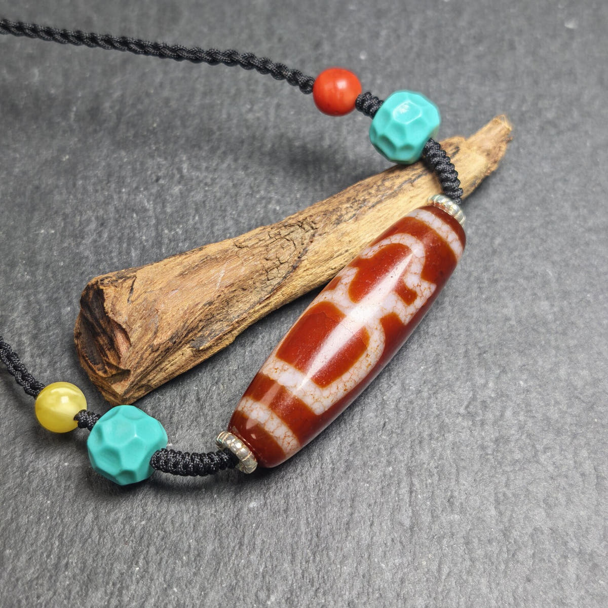 Authentic Fire Agate God of Wealth Dzi Necklace - Tibetan Buddhist bead necklace, view 5
