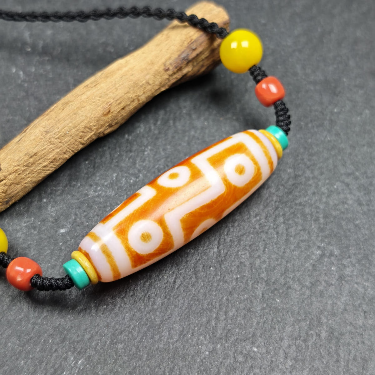 Fire Agate 9 Eyes Dzi Bead Necklace - Tibetan Buddhist bead necklace, view 7