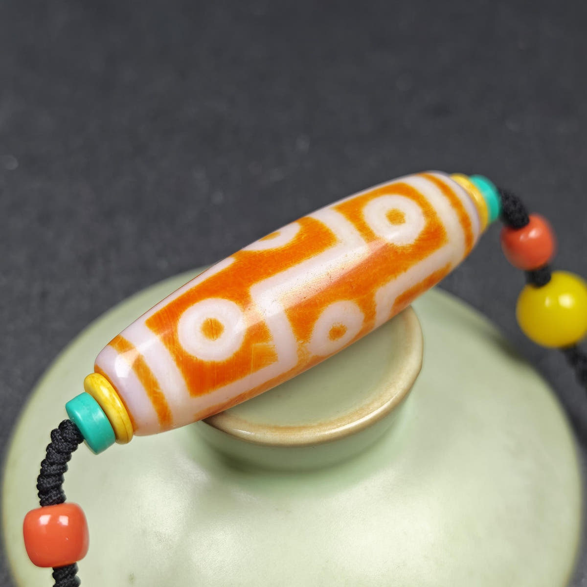 Fire Agate 9 Eyes Dzi Bead Necklace - Tibetan Buddhist bead necklace, view 9