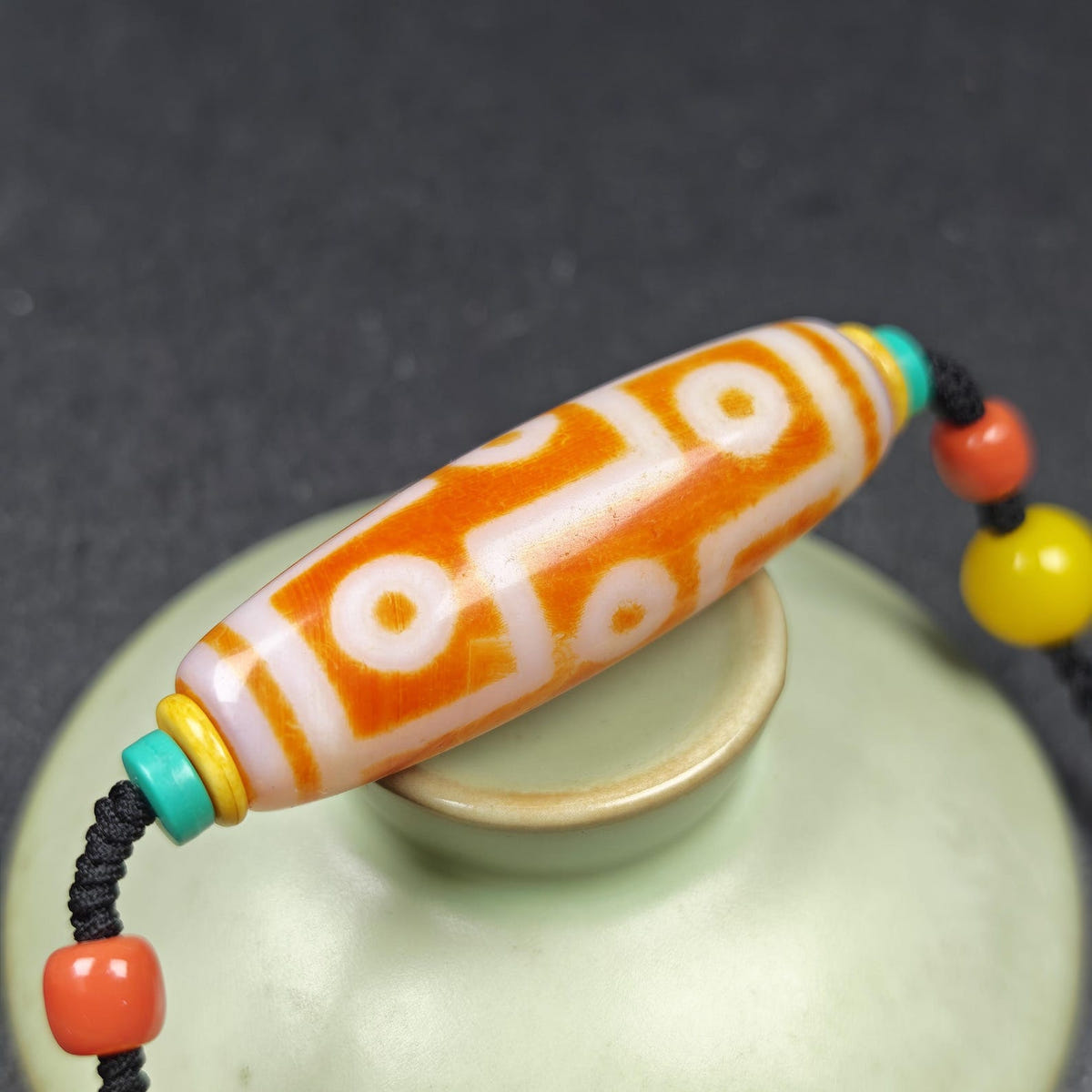 Fire Agate 9 Eyes Dzi Bead Necklace - Tibetan Buddhist bead necklace, view 9