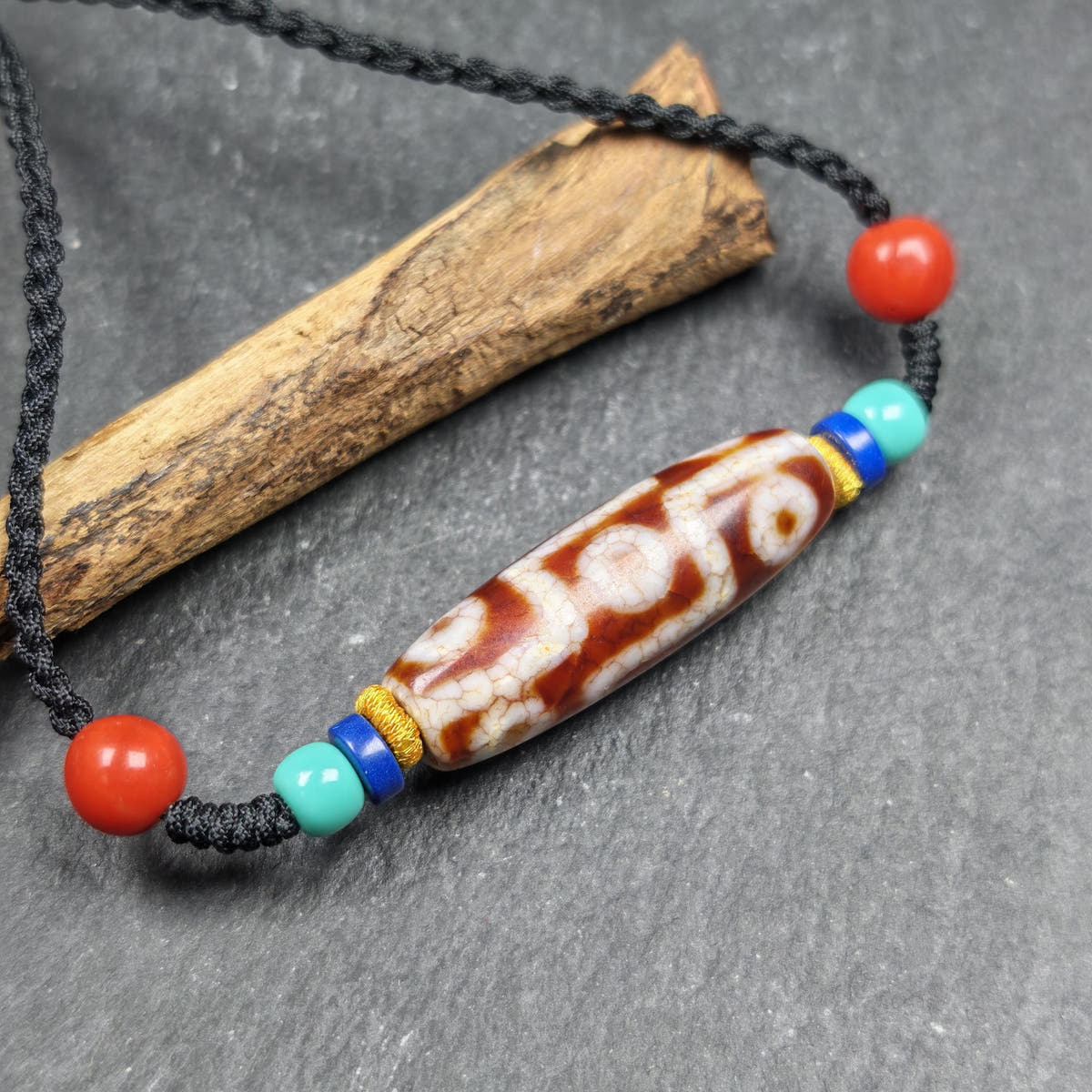 Fire Agate 9 Eye Dzi Bead Necklace - Tibetan Buddhist bead necklace, view 6