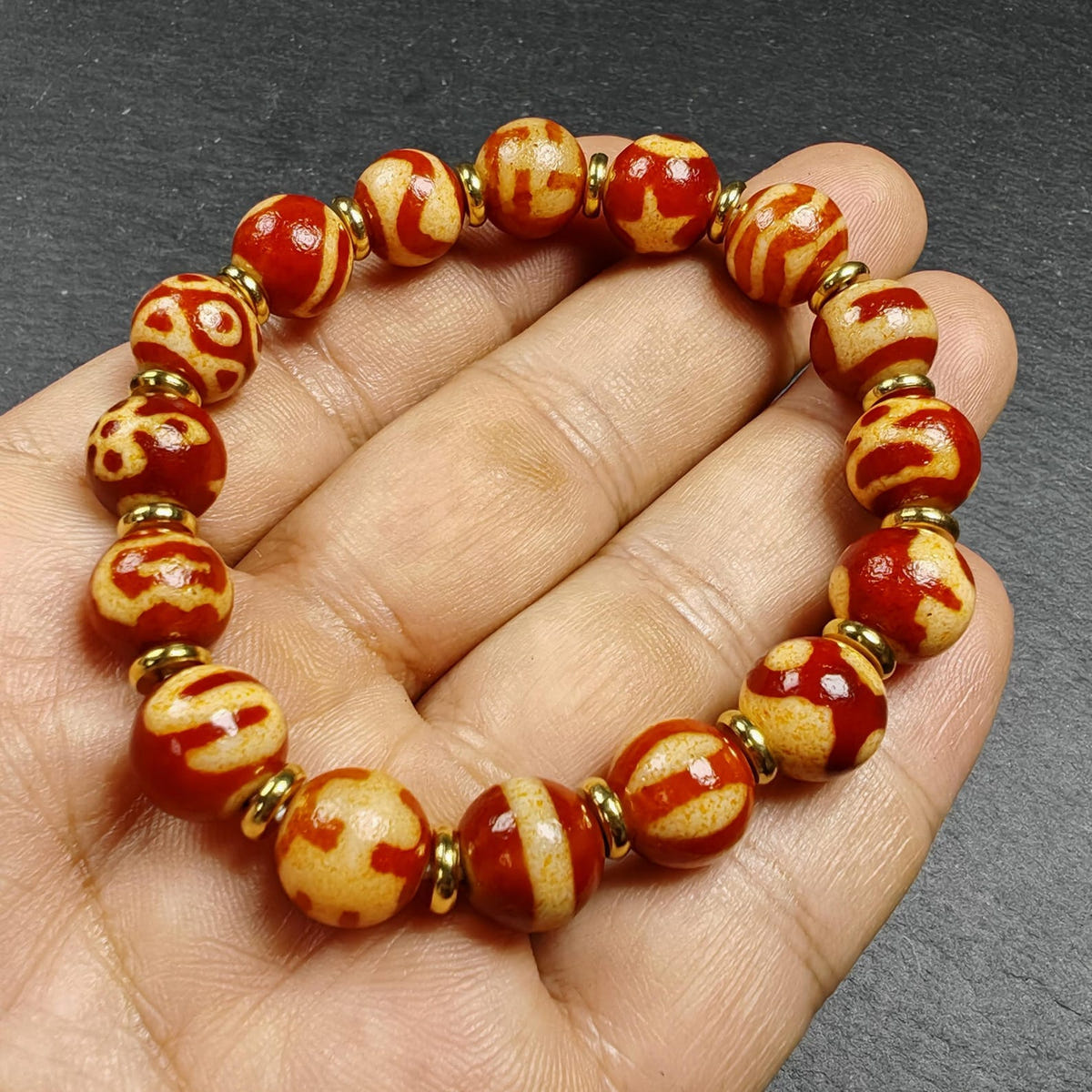 Authentic Tibetan Fire Agate Darlo Dzi Wrist Mala - Tibetan Buddhist mala beads, view 8