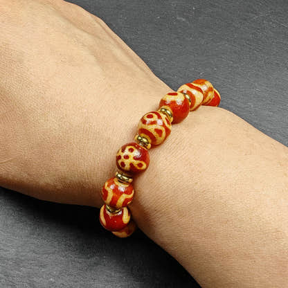 Authentic Tibetan Fire Agate Darlo Dzi Wrist Mala - Tibetan Buddhist mala beads, detailed view