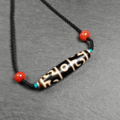 Guru Rinpoche Three Realms 3 Eyes Dzi Bead,50 - Tibetan Buddhist bead necklace, detailed view