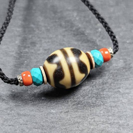Tiger Tooth Dzi Bead Collarbone Pendant Necklace 20*18mm - Tibetan Buddhist bead necklace, front view