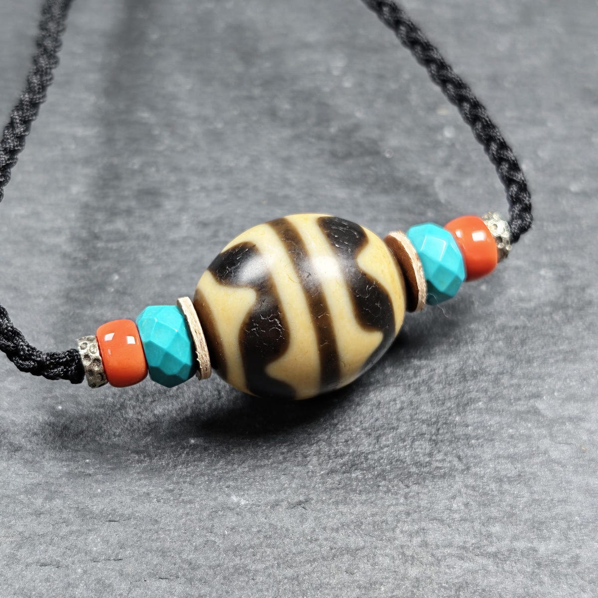 Tiger Tooth Dzi Bead Collarbone Pendant Necklace 20*18mm - Tibetan Buddhist bead necklace, front view