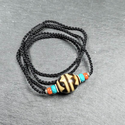 Tiger Tooth Dzi Bead Collarbone Pendant Necklace 20*18mm - Tibetan Buddhist bead necklace, close-up detail