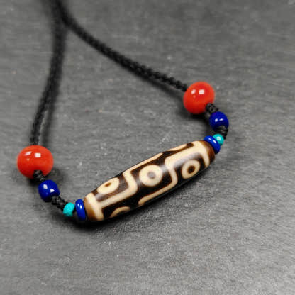 Vintage 9 Eyes Dzi Bead Necklace - Tibetan Buddhist bead necklace, close-up detail