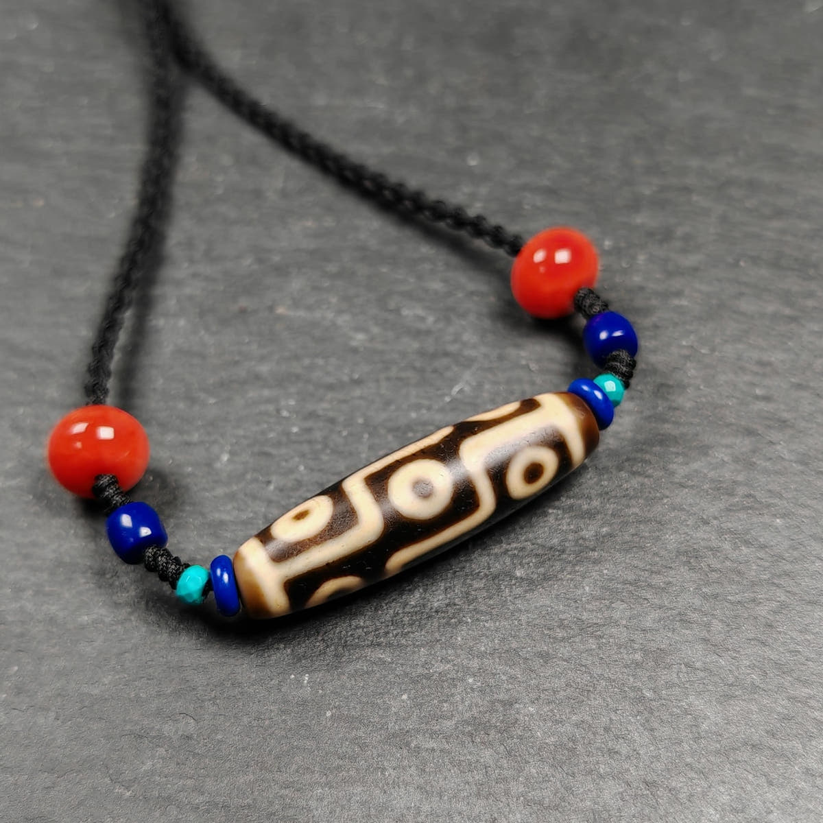 Vintage 9 Eyes Dzi Bead Necklace - Tibetan Buddhist bead necklace, close-up detail