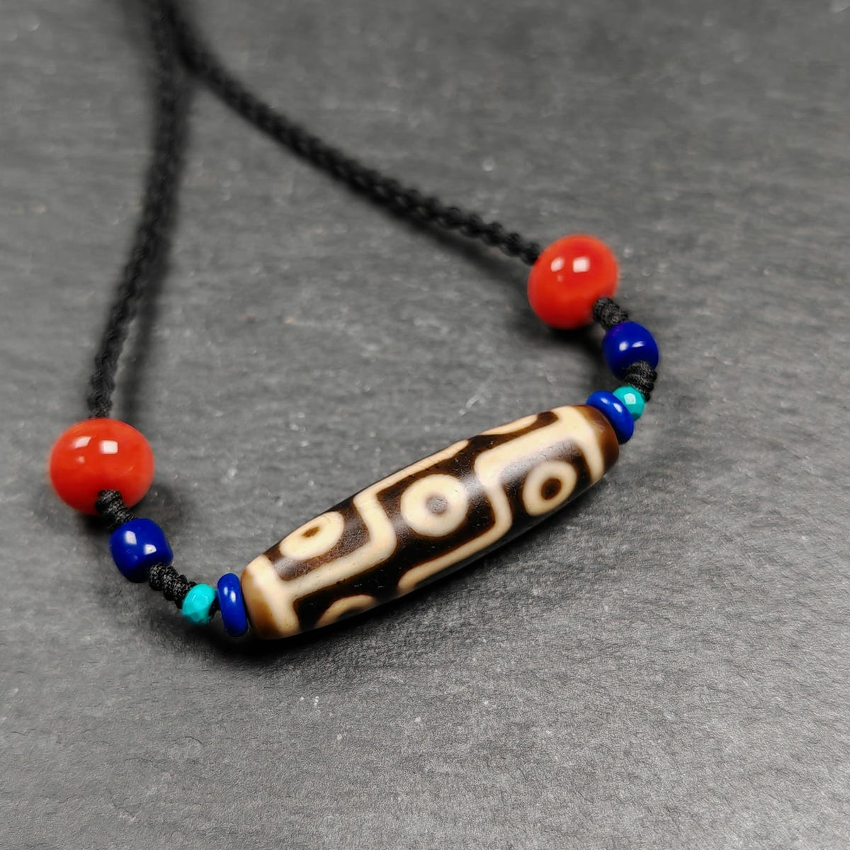 Vintage 9 Eyes Dzi Bead Necklace - Tibetan Buddhist bead necklace, close-up detail