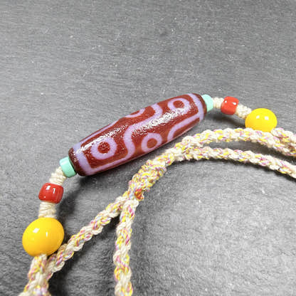 Fire Agate 9 Eyes Dzi Bead Necklace with Turquoise & Topaz - Tibetan Buddhist bead necklace, front view