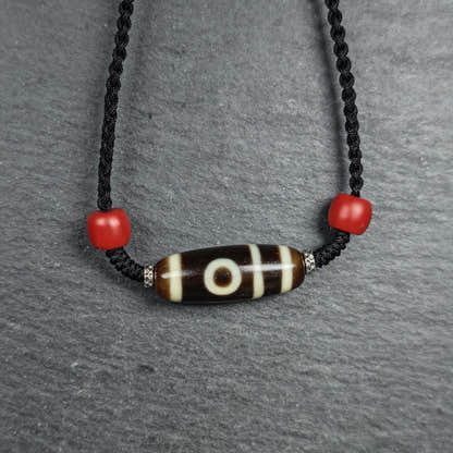 Antique 2 Eyes Dzi Bead Clavicle Necklace - Tibetan Buddhist bead necklace, detailed view