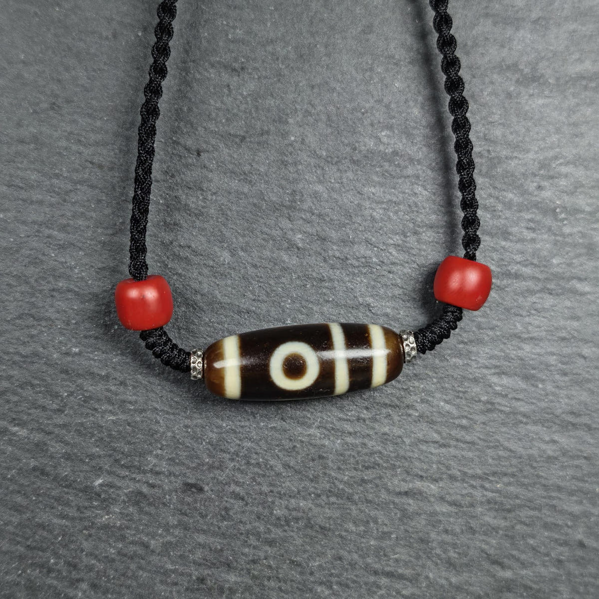Antique 2 Eyes Dzi Bead Clavicle Necklace - Tibetan Buddhist bead necklace, detailed view