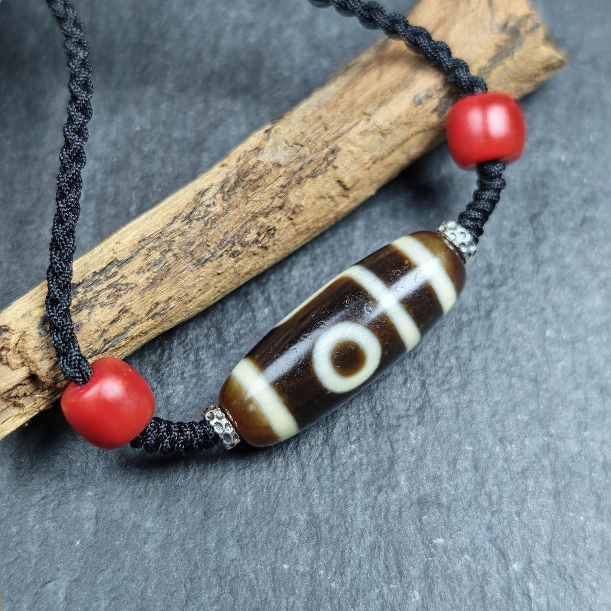 Antique 2 Eyes Dzi Bead Clavicle Necklace - Tibetan Buddhist bead necklace, close-up detail