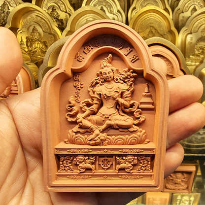 Bordered Yellow Tara Tsa Tsa Mold - Tibetan tsa tsa mold, close-up detail