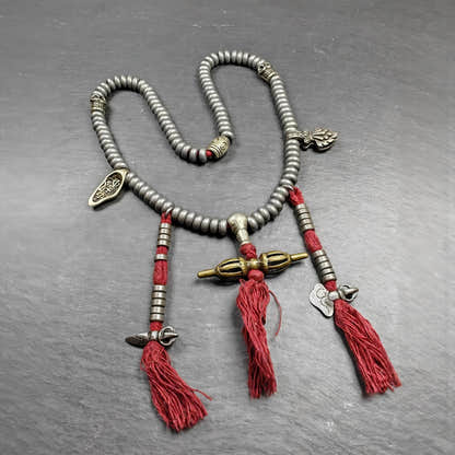Tibetan Cold Iron Mala - Tibetan Buddhist mala beads, detailed view
