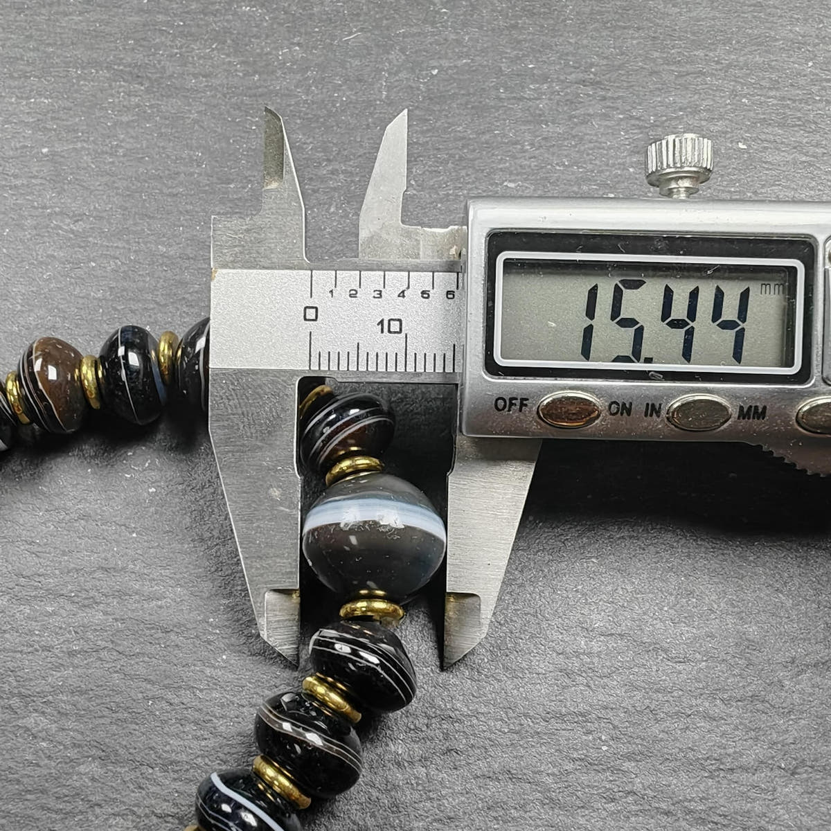 Tibetan Dzi Wrist Mala Medicine Buddha Bracelet - Decades Old - Tibetan Buddhist mala beads, size reference