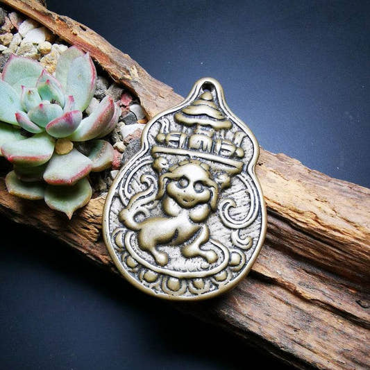 Buddhist Protective Pendant,Snow Lion Amulet Badge - Tibetan Buddhist amulet, front view