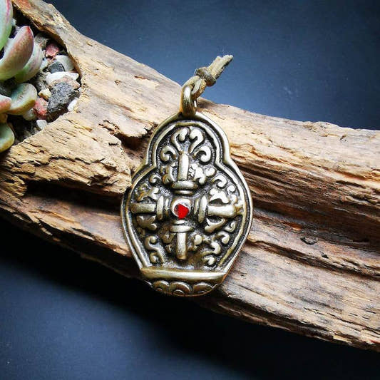Buddhist Protective Pendant,Cross Vajra Amulet, 50 years old - Tibetan Buddhist amulet, front view