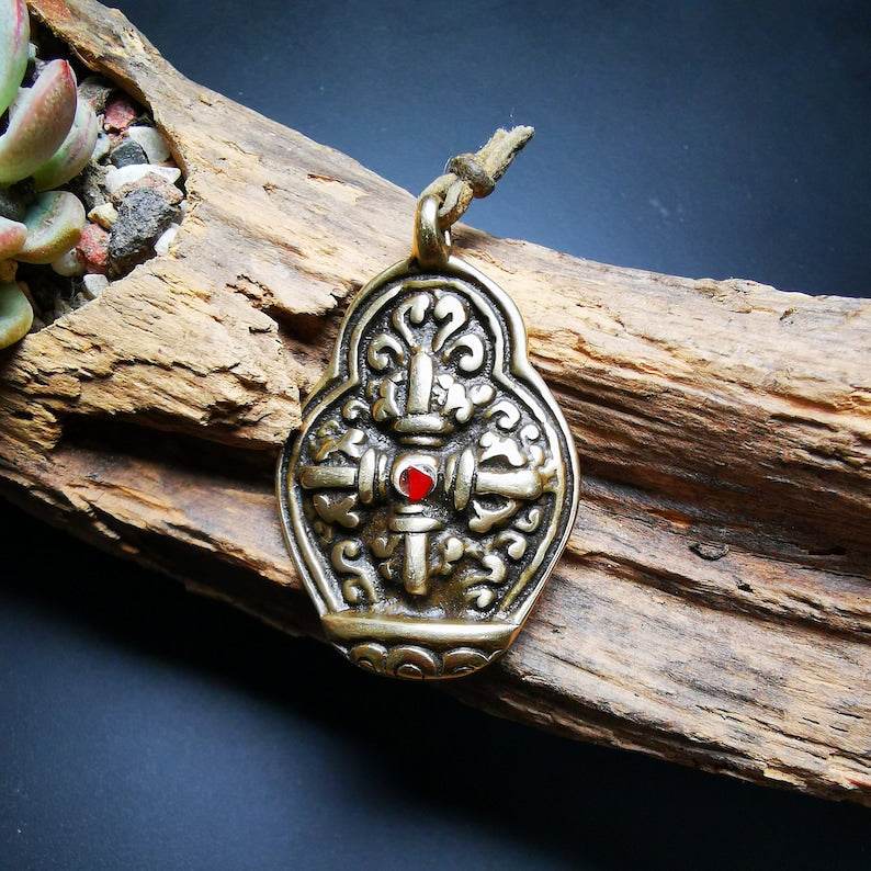 Buddhist Protective Pendant,Cross Vajra Amulet, 50 years old - Tibetan Buddhist amulet, front view
