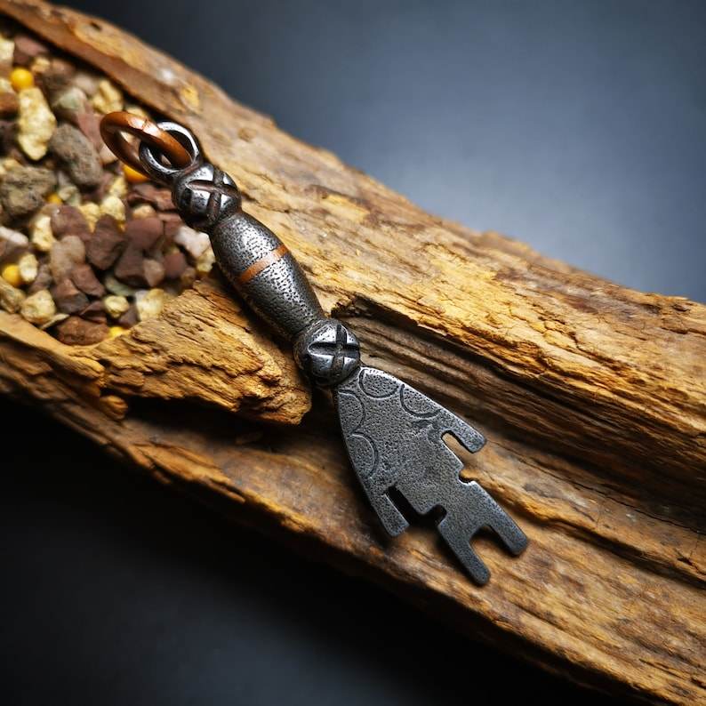 Buddhism Amulet, The Key of Heart Pendant, Made of Cold Iron - Tibetan Buddhist amulet, front view