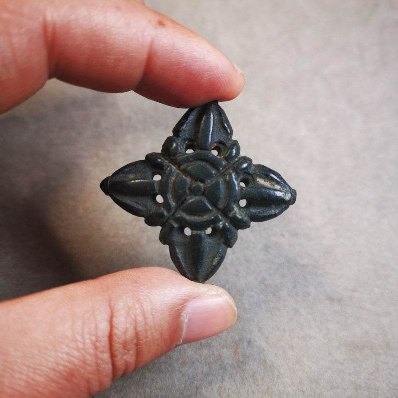 Hand Carved Cross Vajra Amulet Badge, Tibetan Buddhist Pendant, Made of Obsidian - Tibetan Buddhist amulet, view 9
