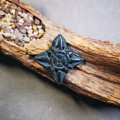 Hand Carved Cross Vajra Amulet Badge, Tibetan Buddhist Pendant, Made of Obsidian - Tibetan Buddhist amulet, detailed view