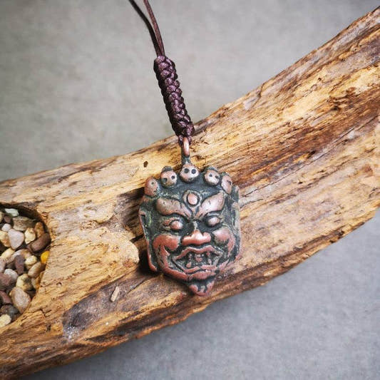 Amulet Badge,Mahakala Pendant, Buddhist Protector Deity, 50 Years Old - Tibetan Buddhist amulet, front view