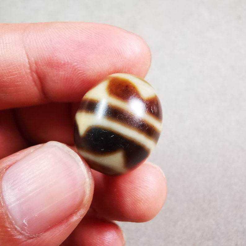 Tiger Tooth Dalo Dzi Bead - Tibetan dzi bead, size reference