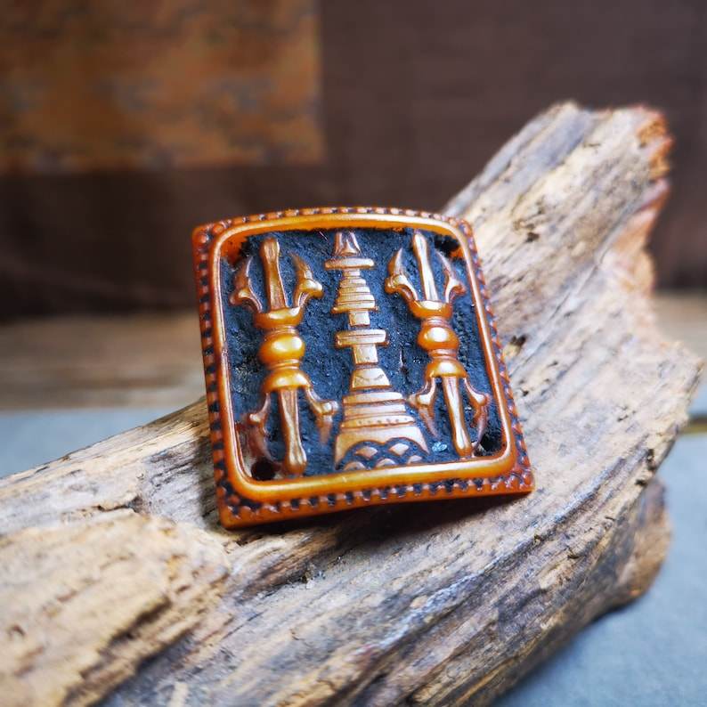 Yak Bone Carved Vajra Stupa Amulet Badge, Tibetan Buddhist Pagoda Pendant - Tibetan Buddhist amulet, front view