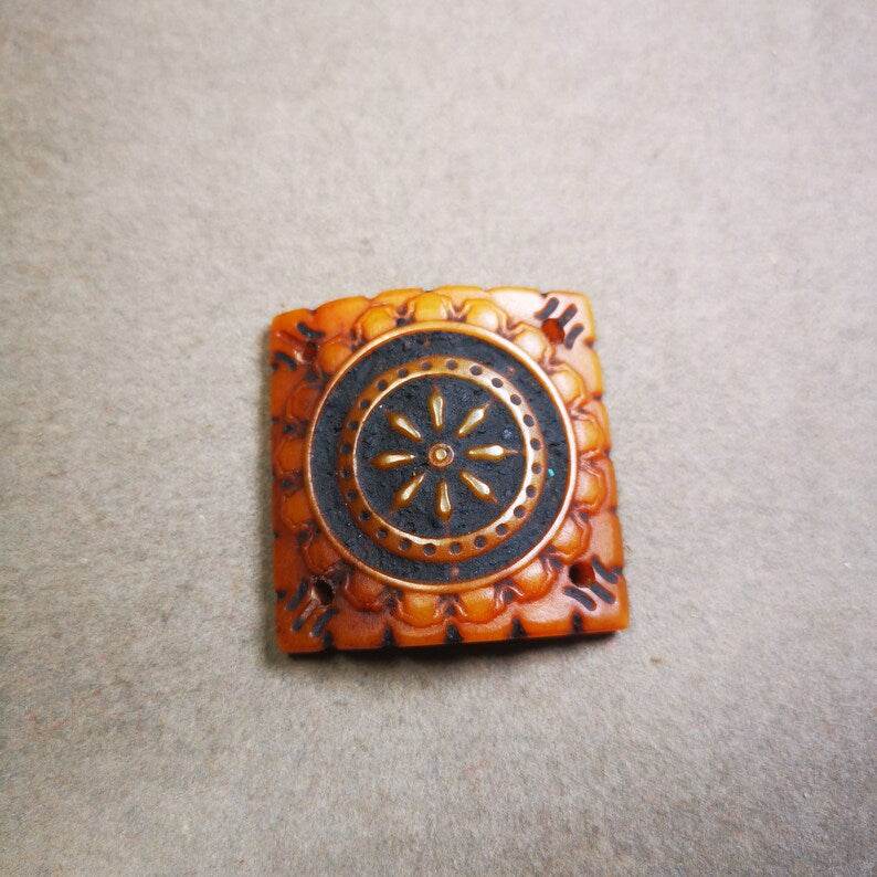 Yak Bone Carved Mandala Amulet Badge, Tibetan Buddhist Prayer Wheel Pendant,Dhar - Tibetan Buddhist amulet, close-up detail