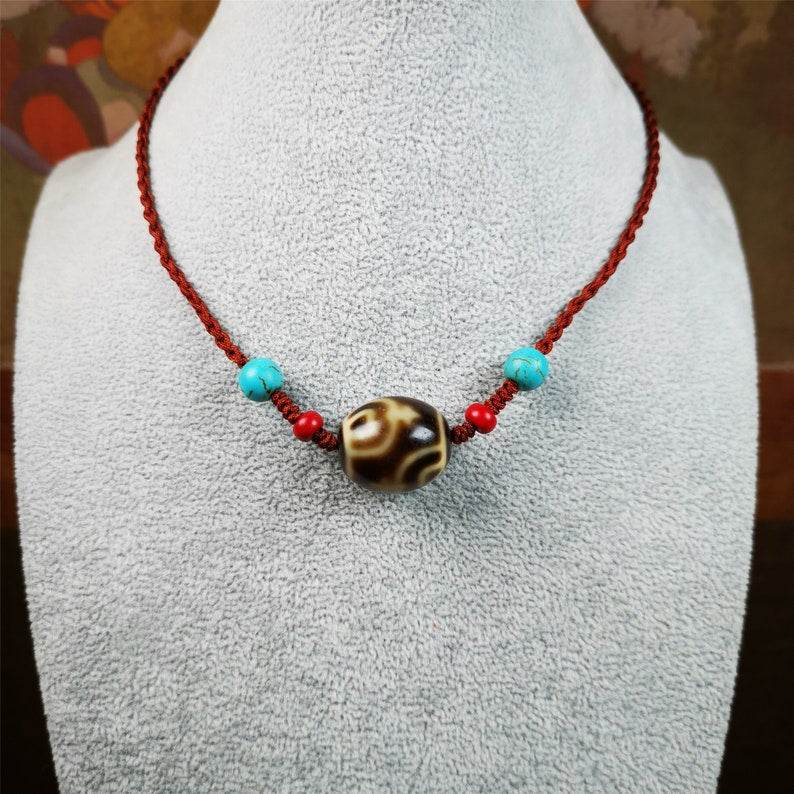 Treasure Vase Dalo Dzi Bead Necklace - Tibetan Buddhist bead necklace, view 4