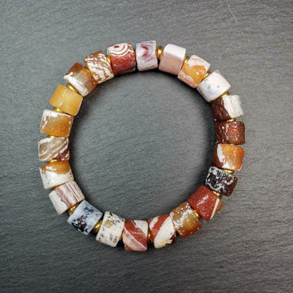 Sugar Agate Beads Wrist Mala, Unique 11mm Cylinder Carnelian Bracelet - Tibetan Buddhist mala beads, front view
