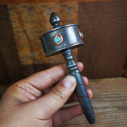 Handheld Prayer Wheel,Mani Wheel - Tibetan Buddhist art, size reference