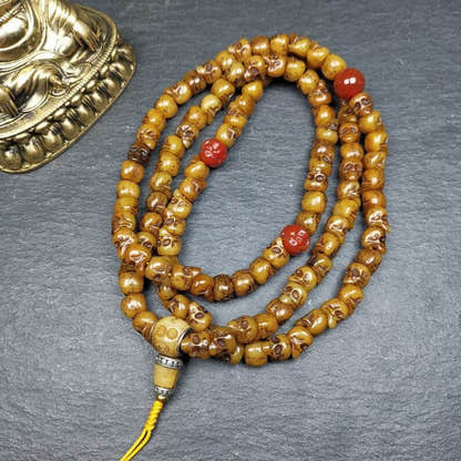 Yak Bone Kapala Mala,Prayer Beads - Tibetan Buddhist mala beads, close-up detail
