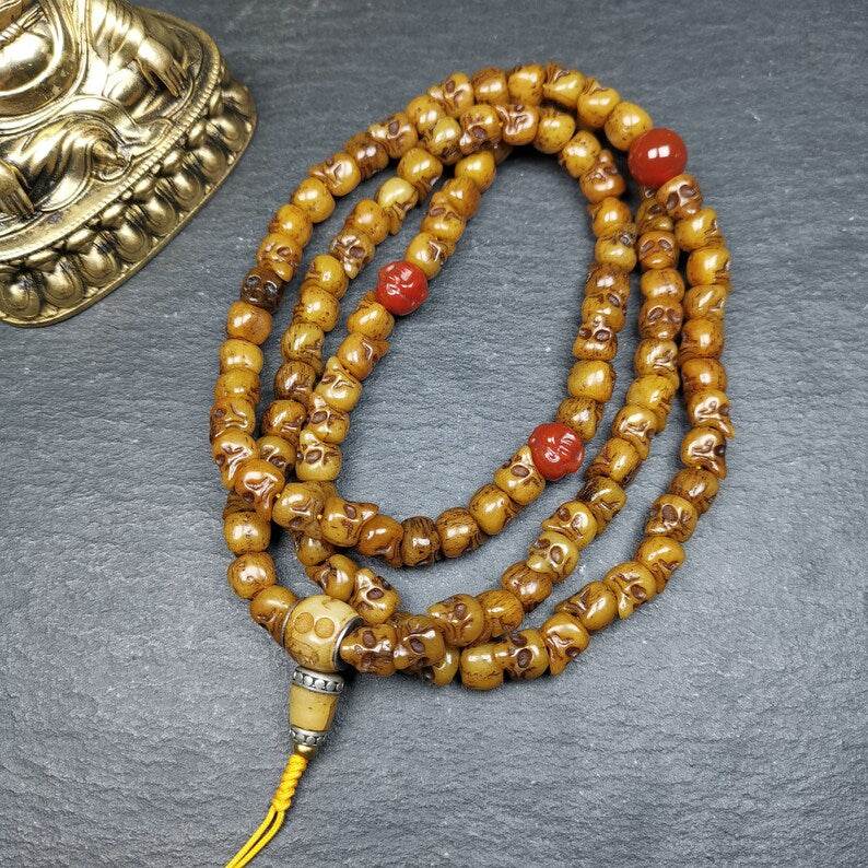 Yak Bone Kapala Mala,Prayer Beads - Tibetan Buddhist mala beads, close-up detail