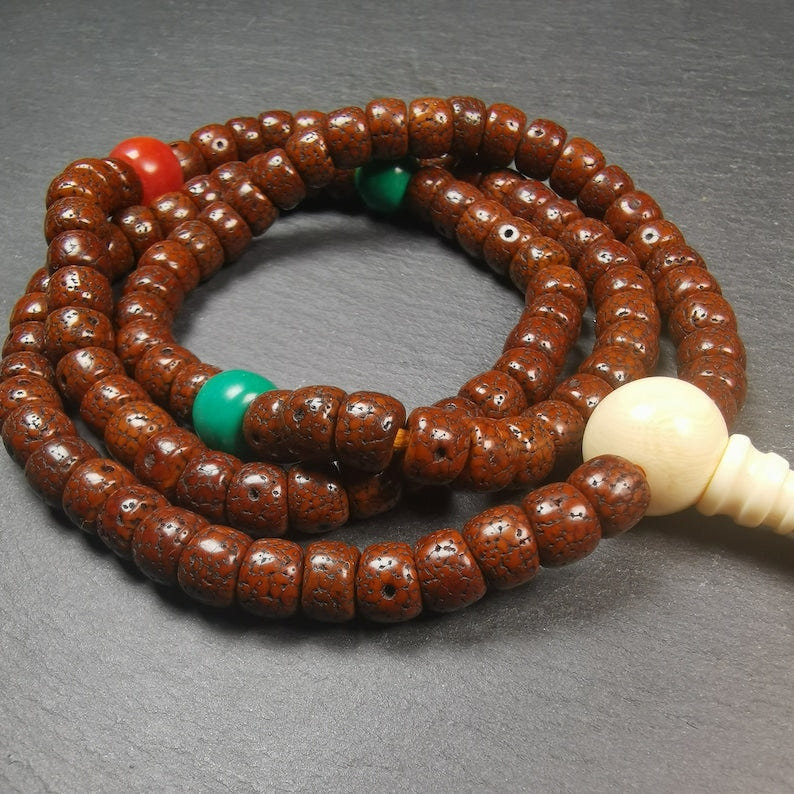Mala, 108 Lotus Seed Prayer Beads Necklace,30" - Tibetan Buddhist mala beads, detailed view