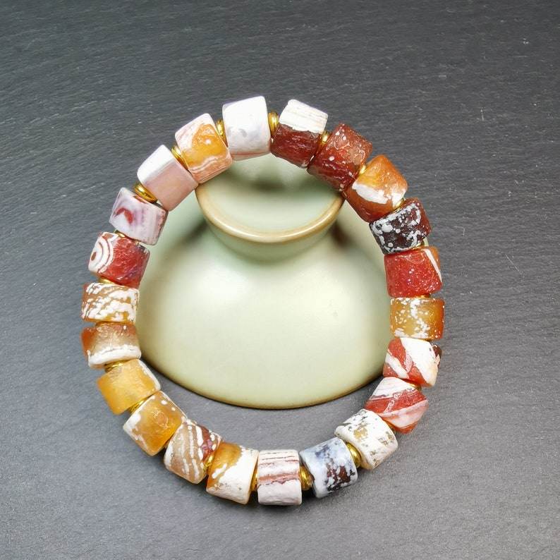 Sugar Agate Beads Wrist Mala, Unique 11mm Cylinder Carnelian Bracelet - Tibetan Buddhist mala beads, view 4