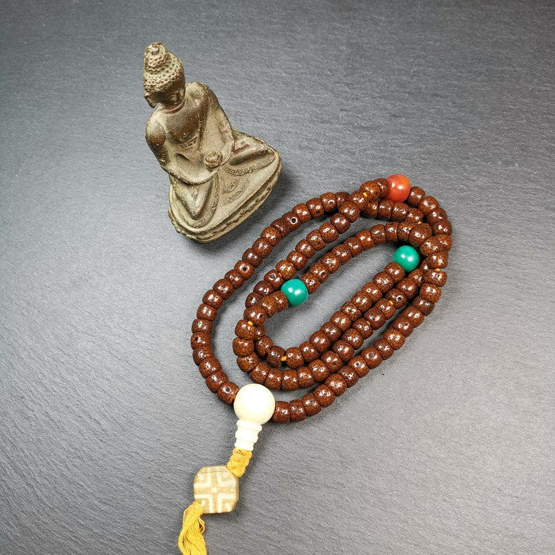Mala, 108 Lotus Seed Prayer Beads Necklace,30" - Tibetan Buddhist mala beads, close-up detail