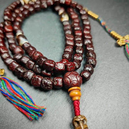 Mala Necklace,Old 8mm 108 Rudraksha Prayer Beads - Tibetan Buddhist mala beads, close-up detail