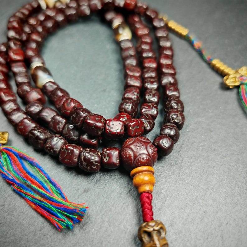Mala Necklace,Old 8mm 108 Rudraksha Prayer Beads - Tibetan Buddhist mala beads, close-up detail